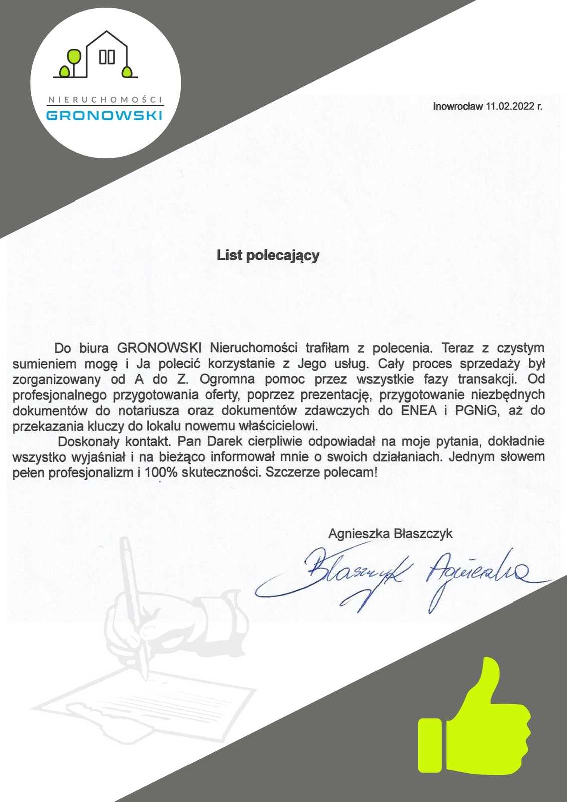 Pozytywna opinia klienta o sprzedaży mieszkania z pomocą biura nieruchomości w Inowrocławiu