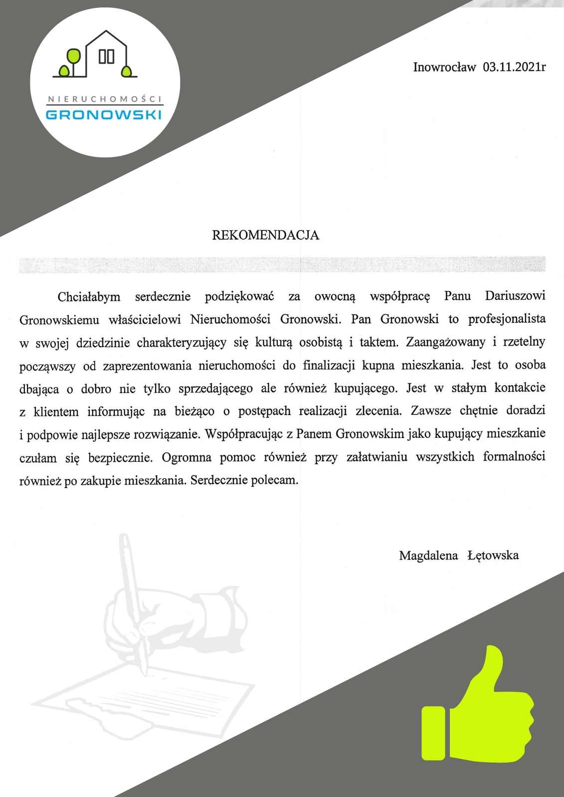 Pozytywna opinia klienta o zakupie mieszkania w Inowrocławiu z pomocą biura nieruchomości