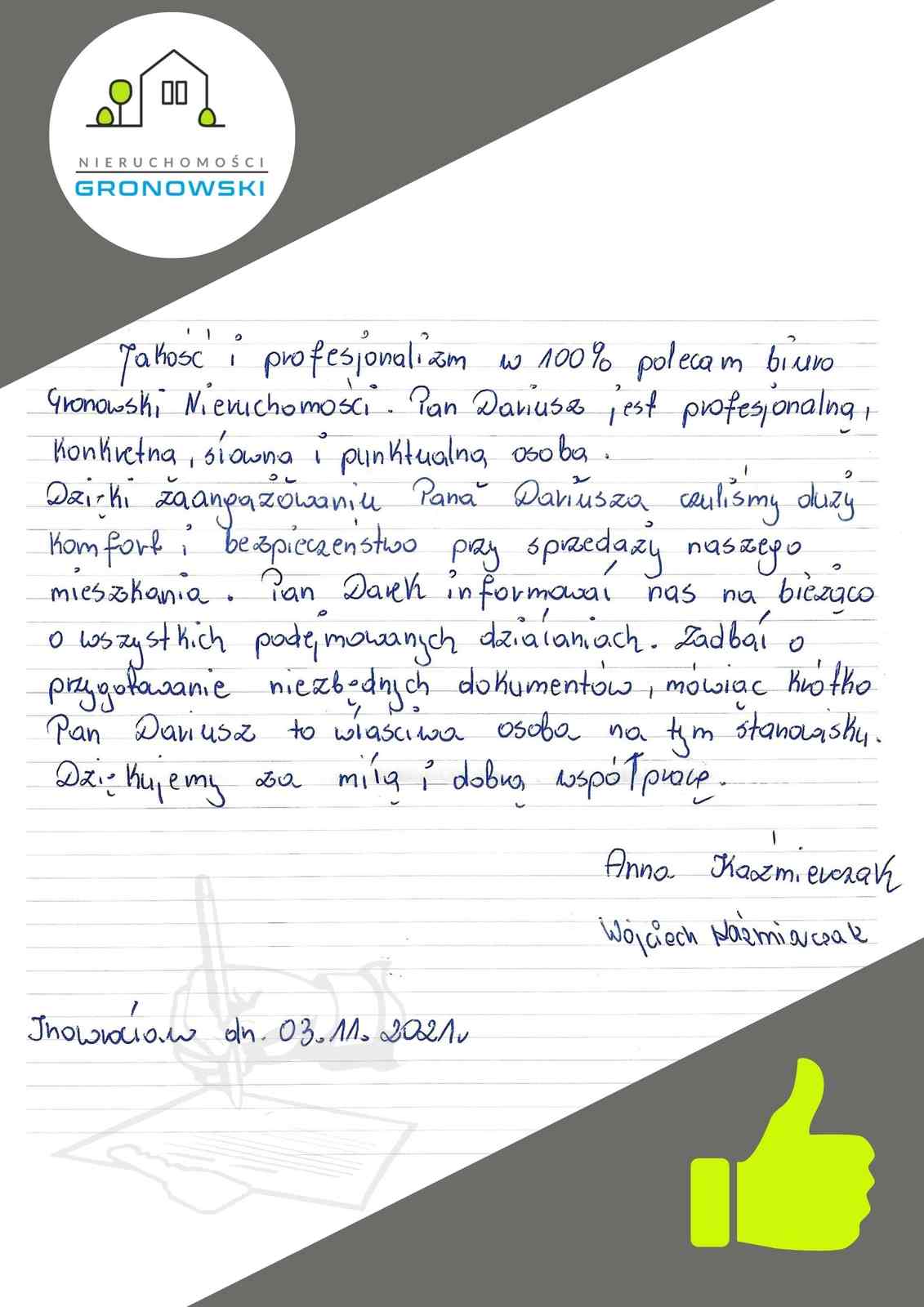 Pozytywna opinia klienta o sprzedaży mieszkania w Inowrocławiu przez biuro nieruchomości