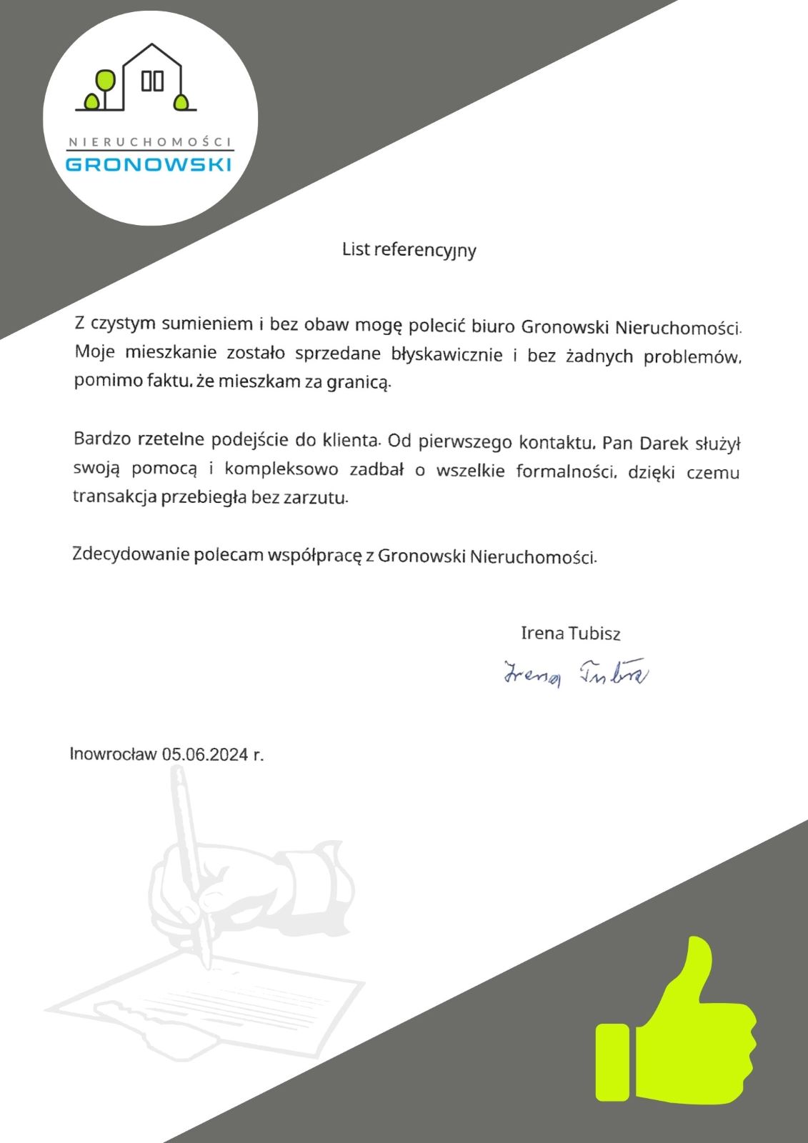 Pozytywna opinia klienta o sprzedaży mieszkania z pomocą biura nieruchomości w Inowrocławiu