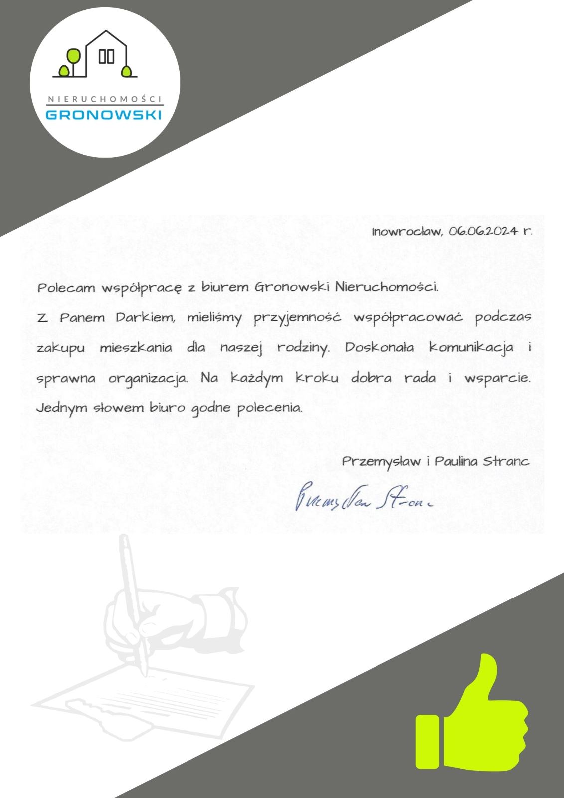 Pozytywna opinia klienta o zakupie mieszkania przez biuro nieruchomości w Inowrocławiu