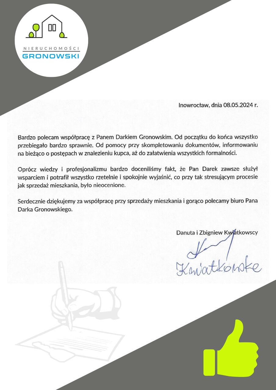 Pozytywna opinia klienta o sprzedaży mieszkania w Inowrocławiu przez biuro nieruchomości