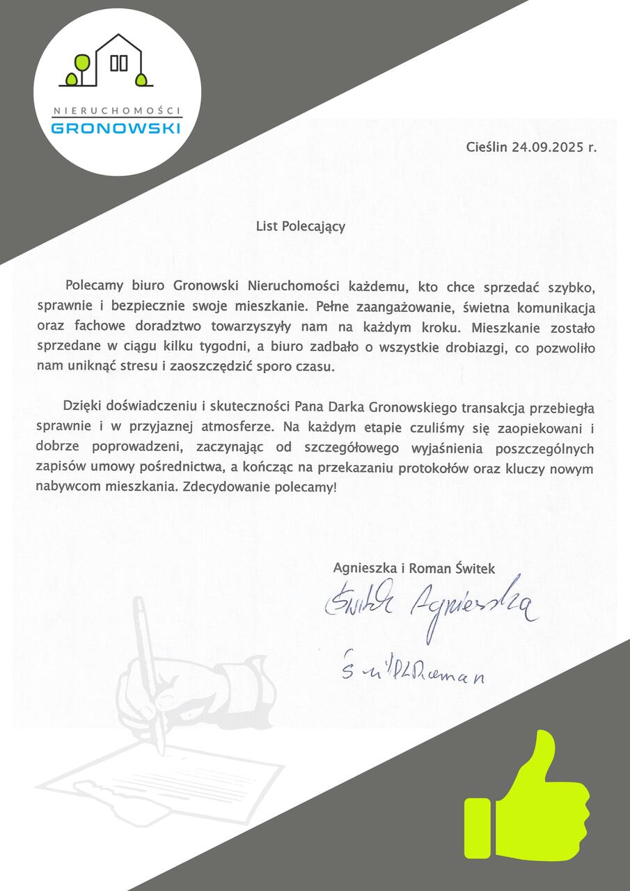 Pozytywna opinia klienta o sprzedaży mieszkania w Inowrocławiu z pomocą pośrednika nieruchomości